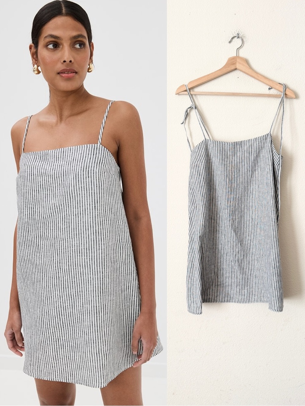 Reformation SMALL Aubree 100% linen grey white striped tie strap mini dress